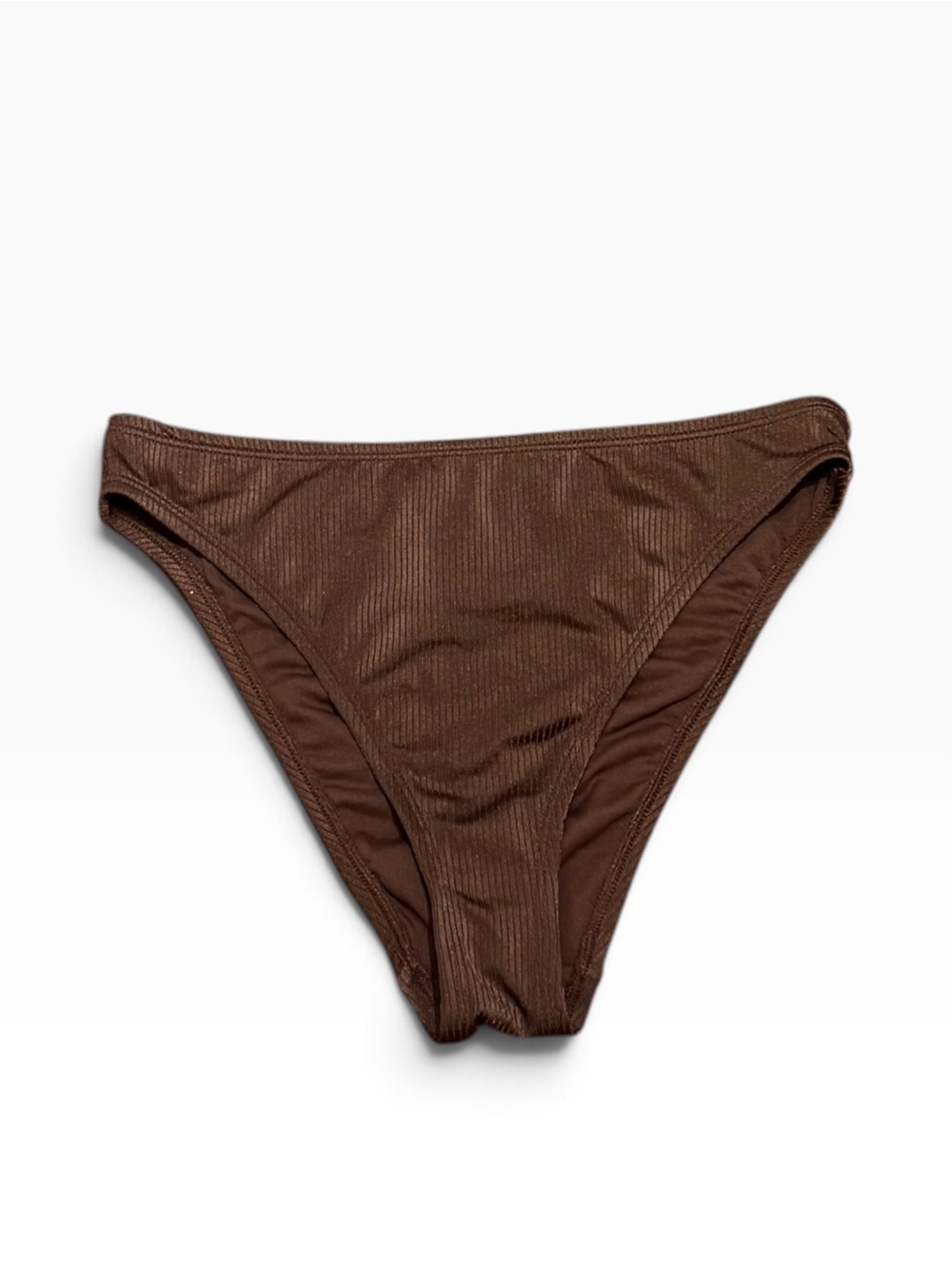 Shade & Shore Shiny Brown Ribbed High-Cut Bikini Bottom, Size S